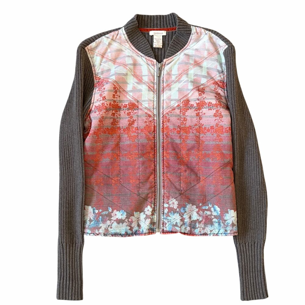 Sundance Womens Silk Front Southwestern Full Zip Jacket Floral Ribbed Retro L